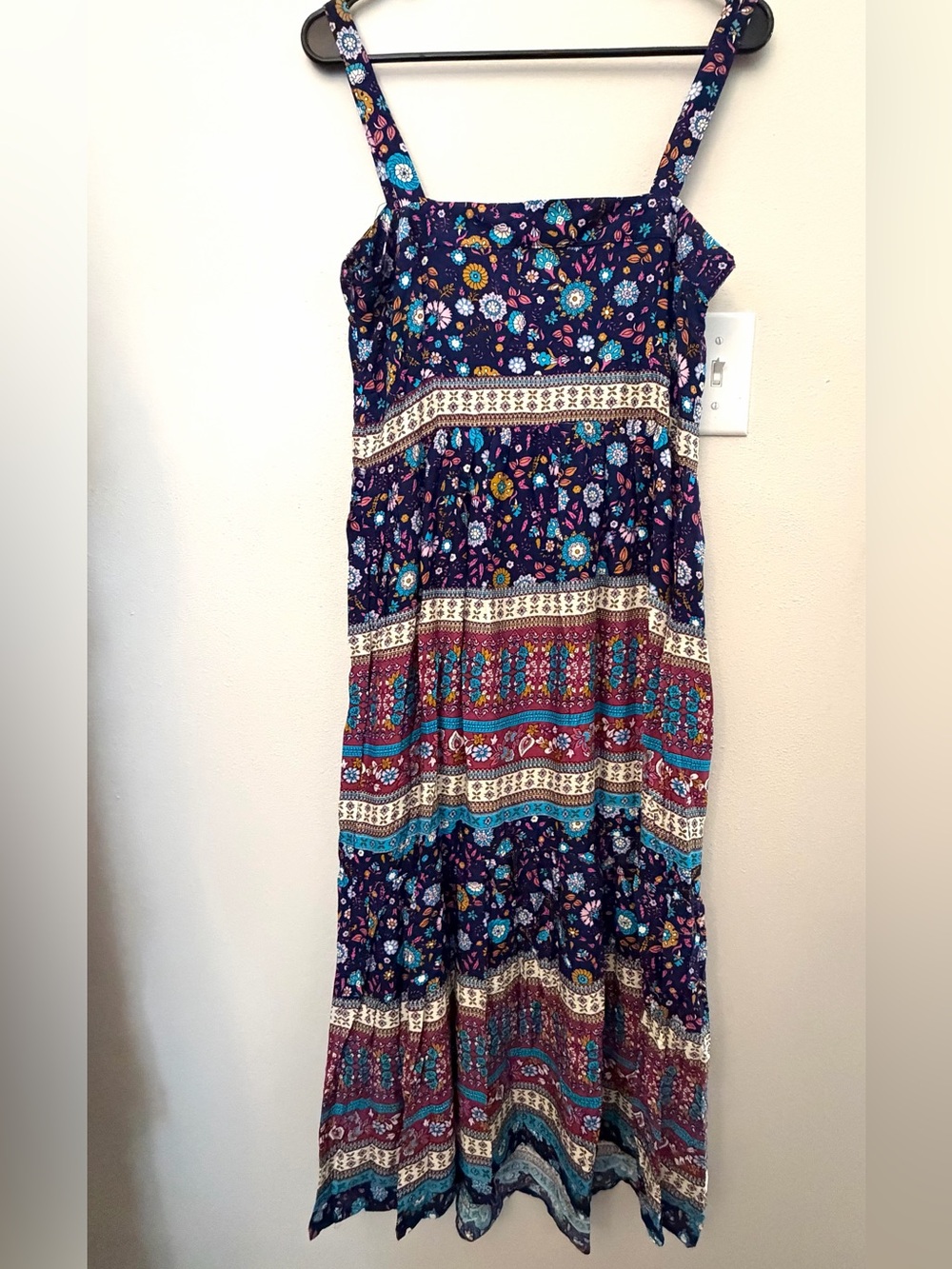 Umgee Navy Boho Floral Maxi Dress with Teal and Mustard Accents Sz M